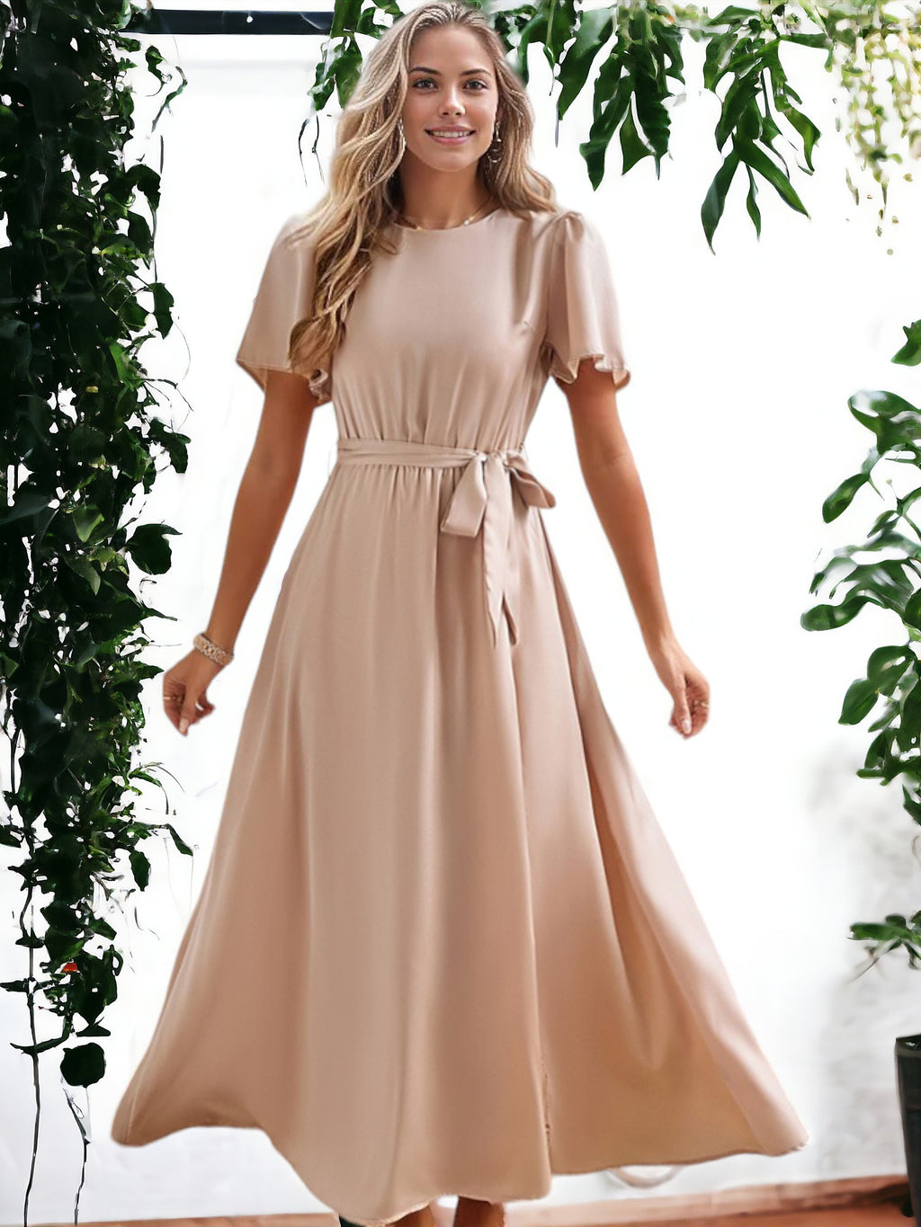 Vestido elegante con abertura alta y lazo en la cintura y mangas abullonadas para mujer