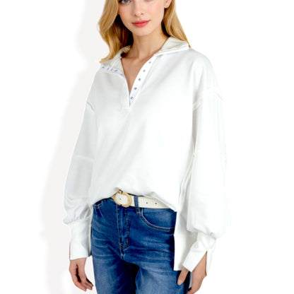 Anna-Kaci Women's Oversized Long Sleeve Pullover with Snap Button Collar and Raw Edge Hem