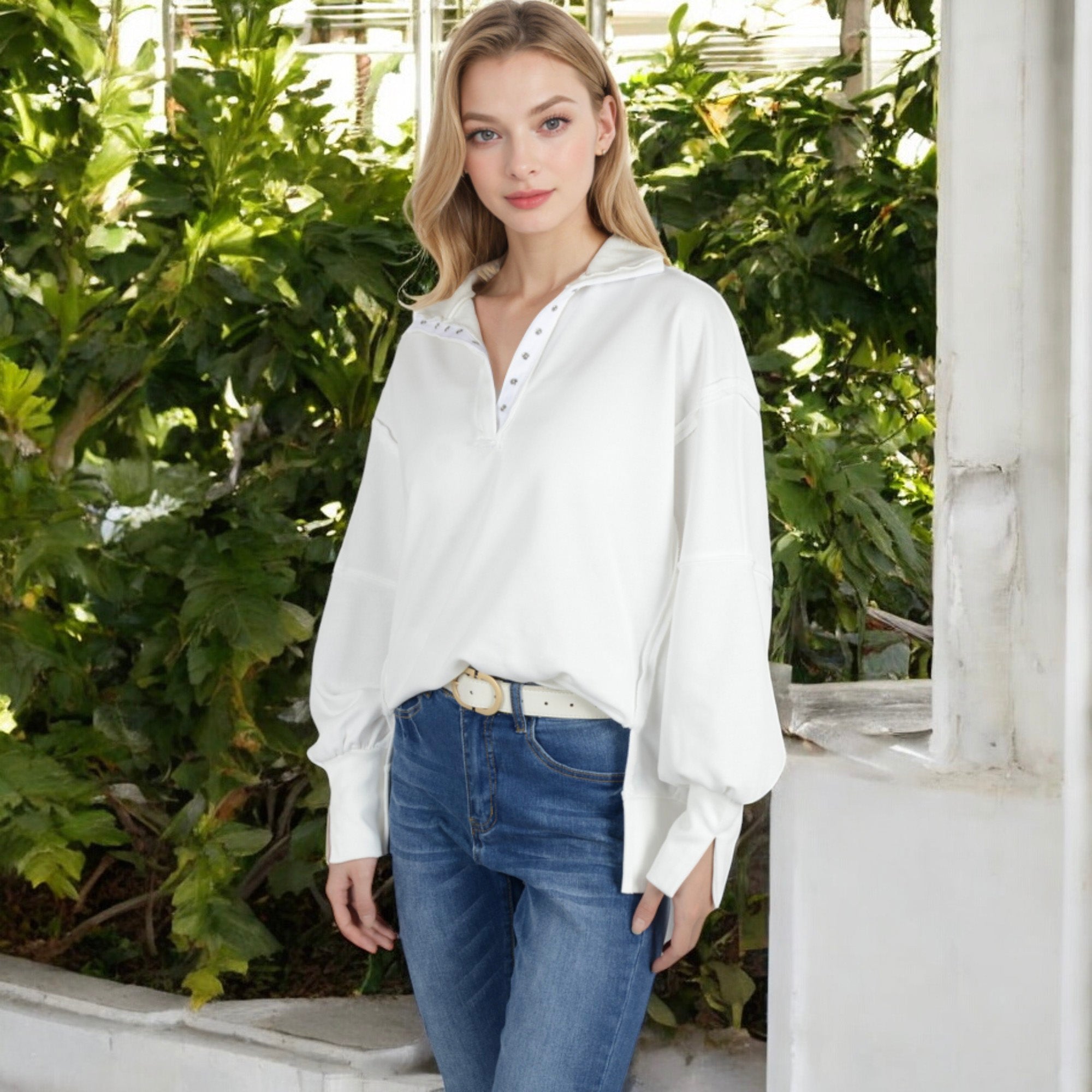 Anna-Kaci Women's Oversized Long Sleeve Pullover with Snap Button Collar and Raw Edge Hem