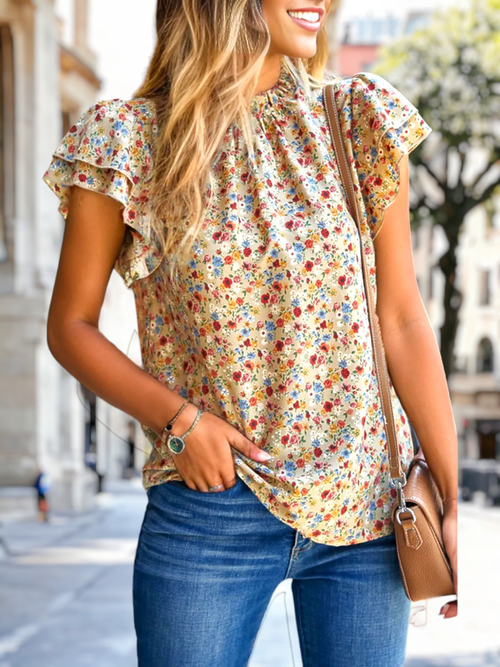 High Neck Tiered Sleeve Blouse