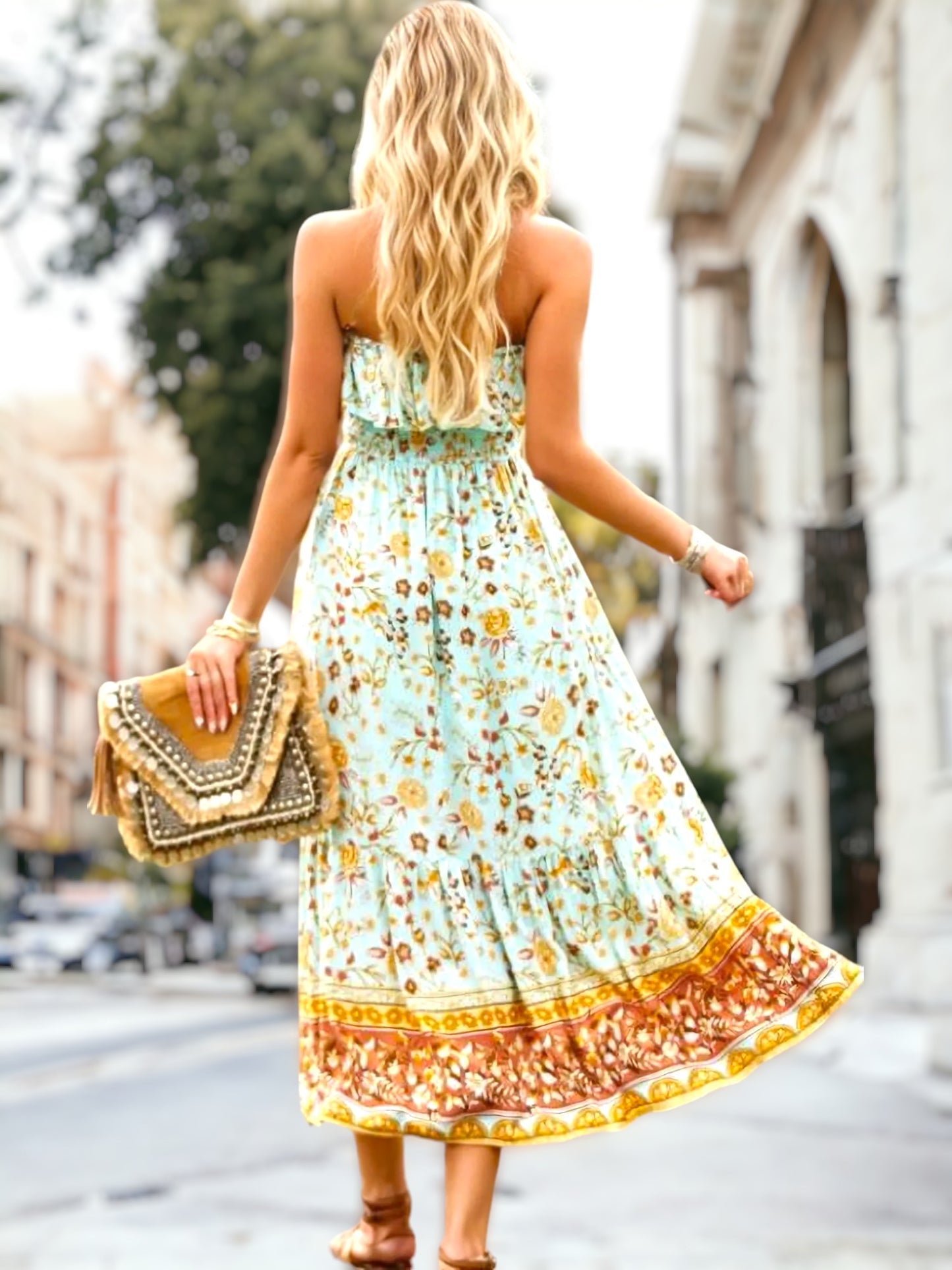Strapless Ruffle Floral Print Dress