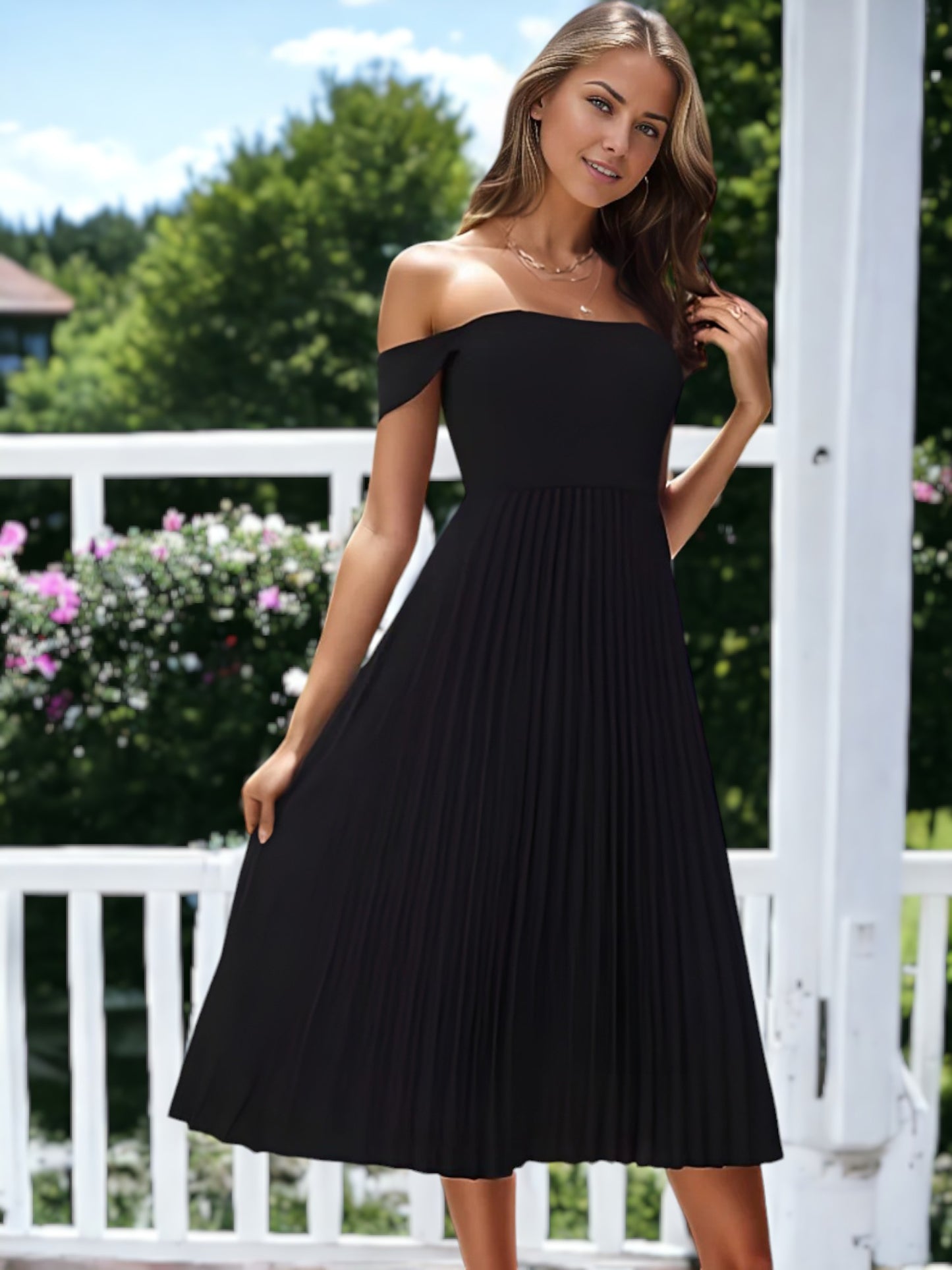 Vestido con dobladillo plisado y hombros descubiertos