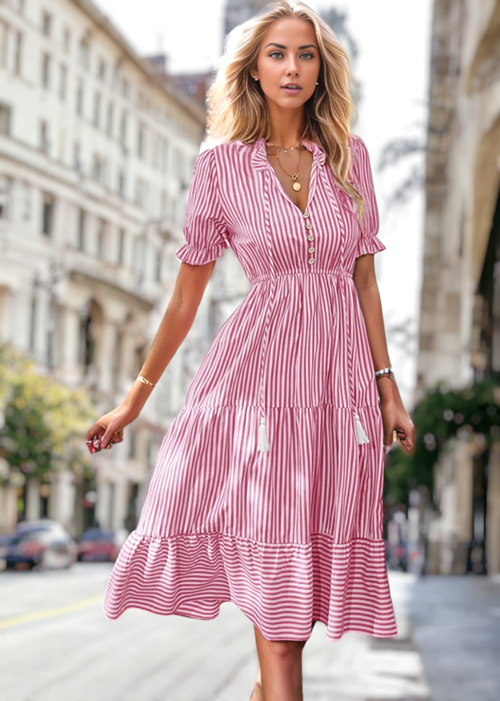 Vestido de rayas con mangas abullonadas