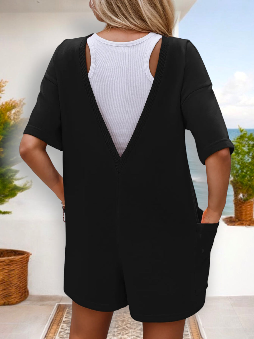 Mono informal de manga corta con bolsillos para mujer