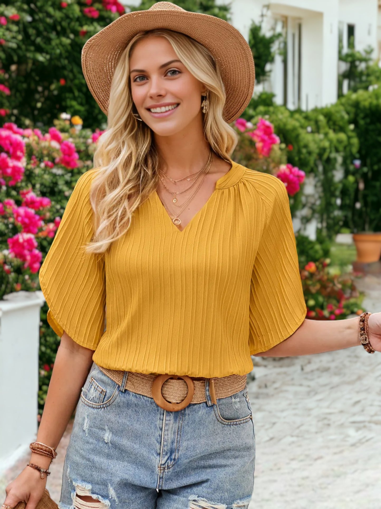Notched V-Neck Textured Tulip Sleeve Blouse