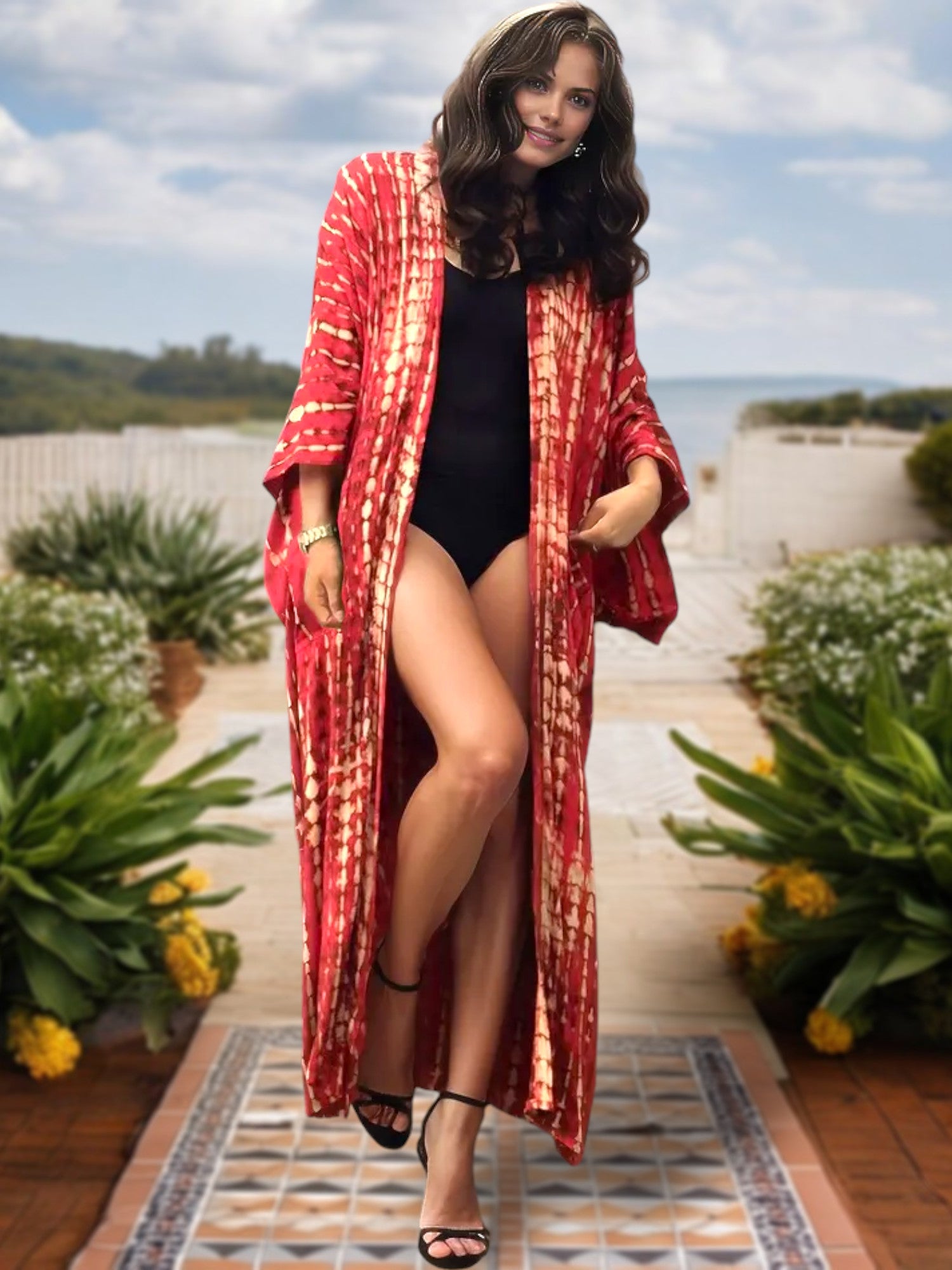 Cárdigan tipo kimono largo con efecto tie-dye para mujer de Anna-Kaci, mangas anchas y frente abierto