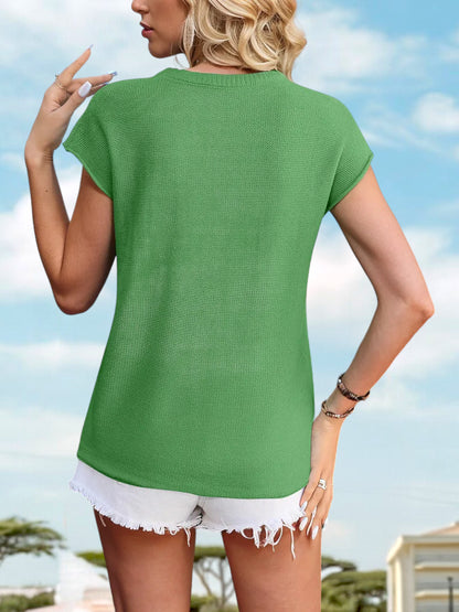 Anna-Kaci Women's Short Sleeve Top with Keyhole Button Detail and Cap Sleeves