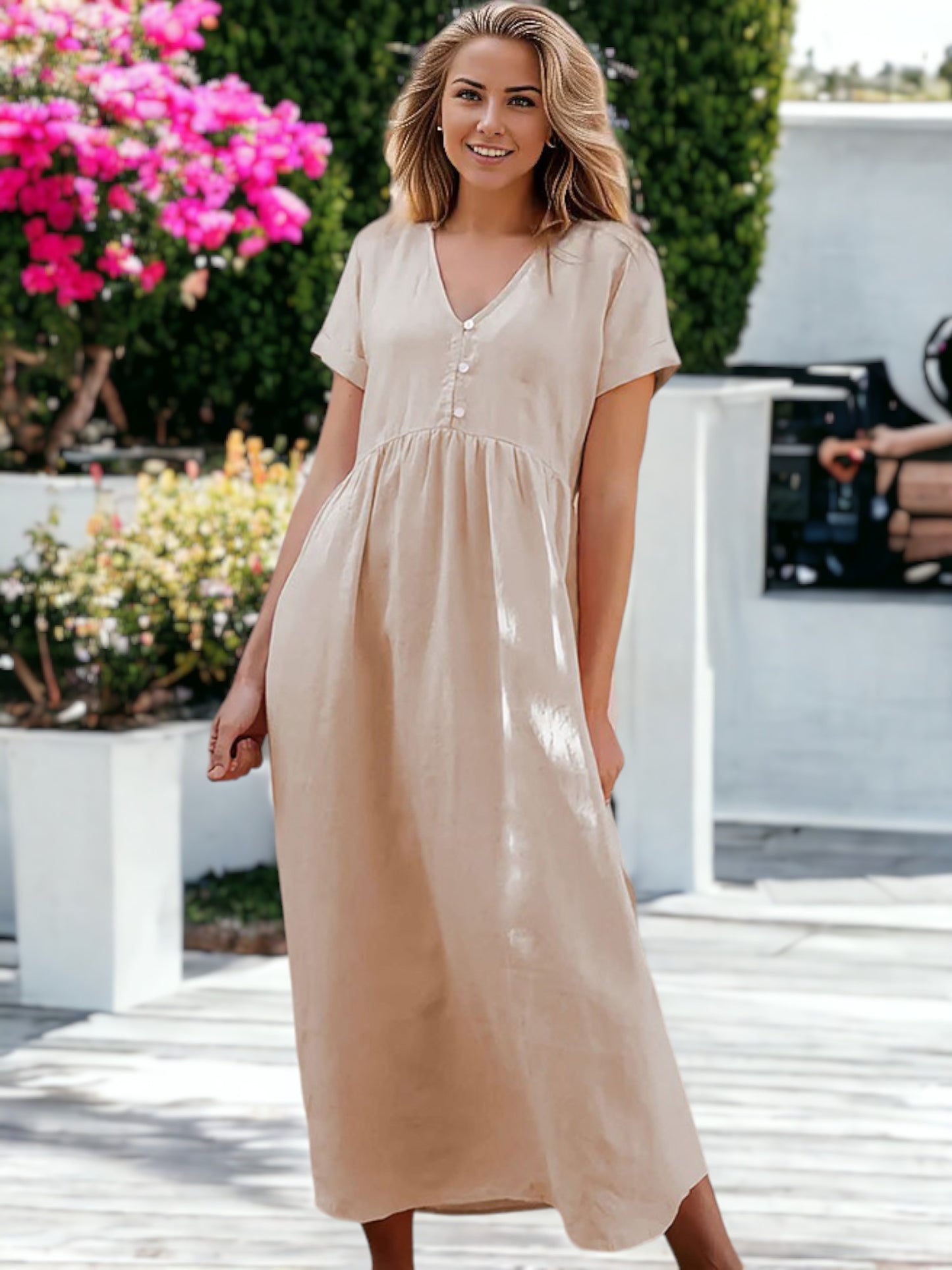 Vestido largo holgado de manga corta con escote en V y botones para mujer