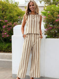 Anna-Kaci Women's Sleeveless Striped Top and Wide-Leg Pants Two-Piece Set