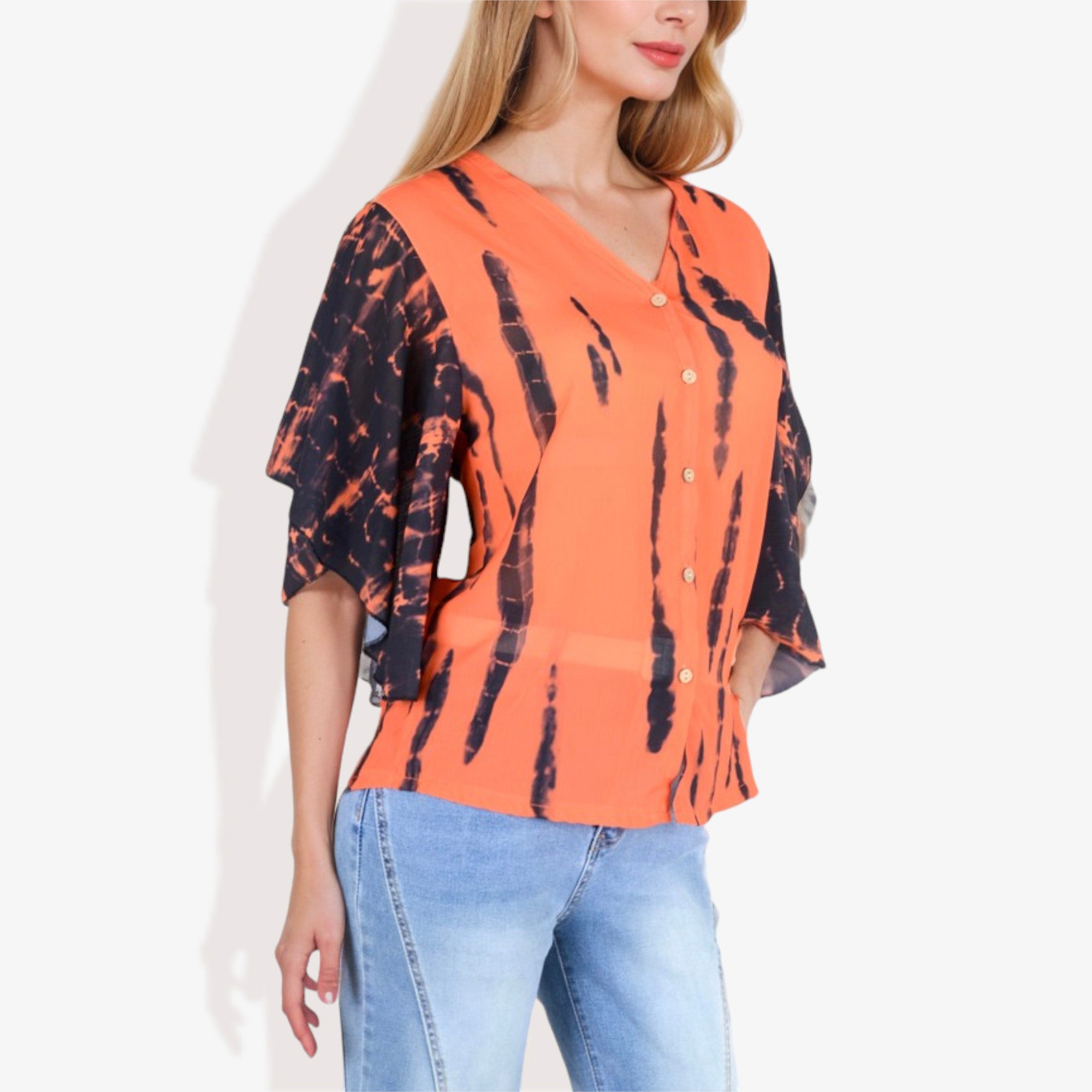 Blusa con mangas estilo kimono y efecto tie-dye con botones en la parte delantera para mujer de Anna-Kaci