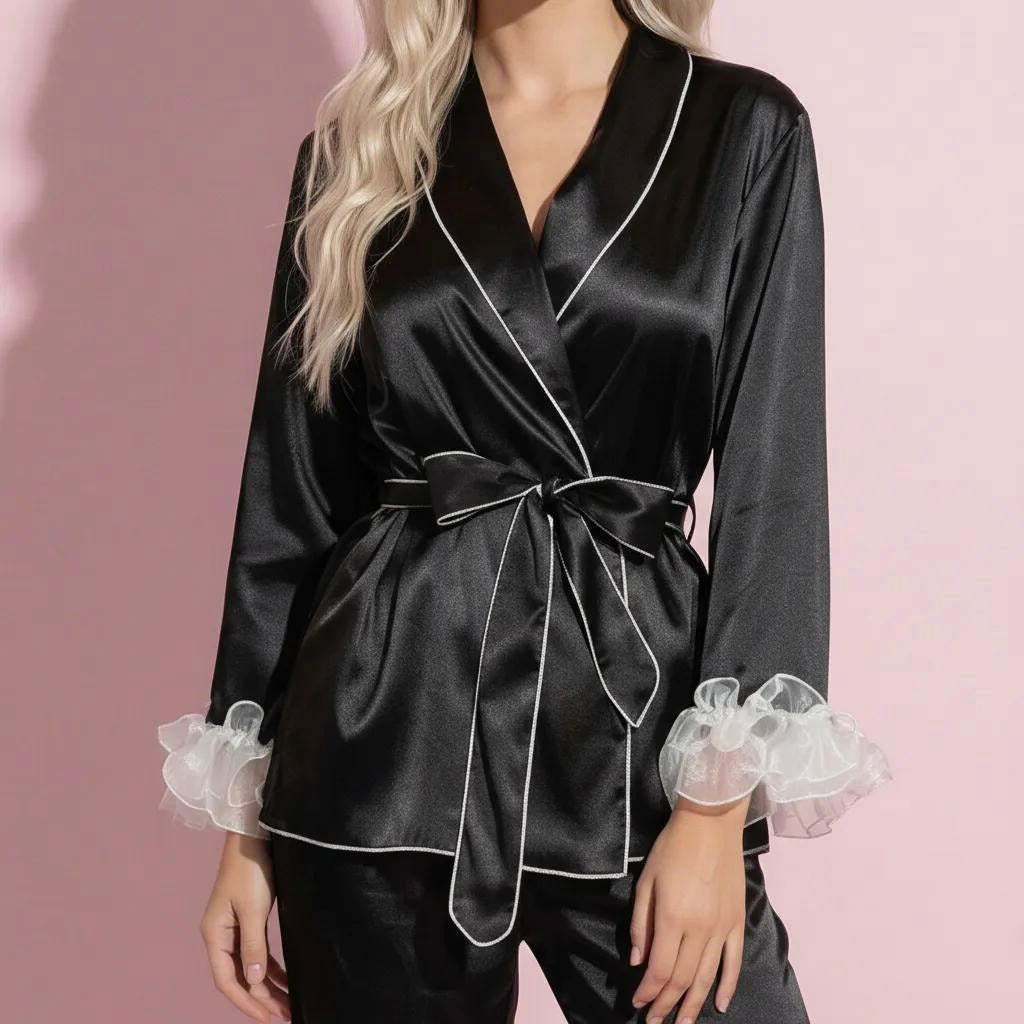 Anna-Kaci Women's 2-Piece Set Satin Wrap Top with Sheer Ruffle Trim and Matching Straight-Leg Pants