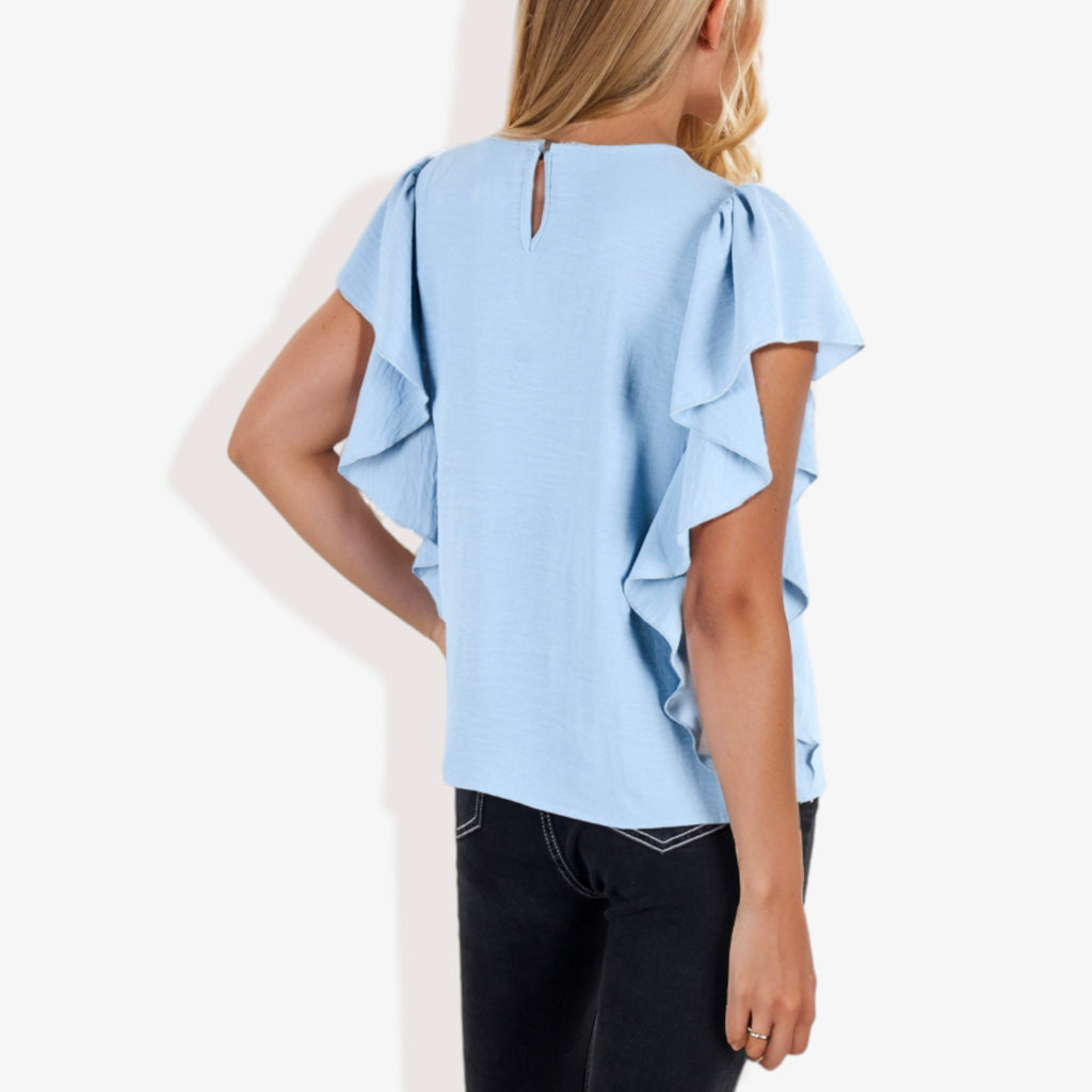 Blusa plisada de manga corta con volantes para mujer