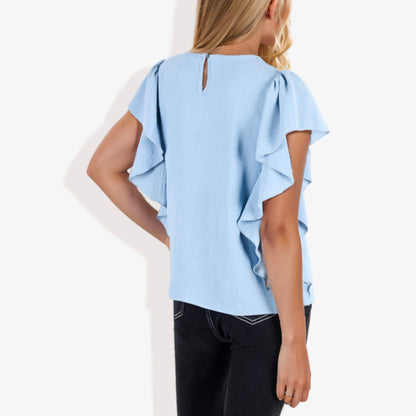 Women's Short Sleeve Pleated Front Blouse with Ruffle Sleeves
