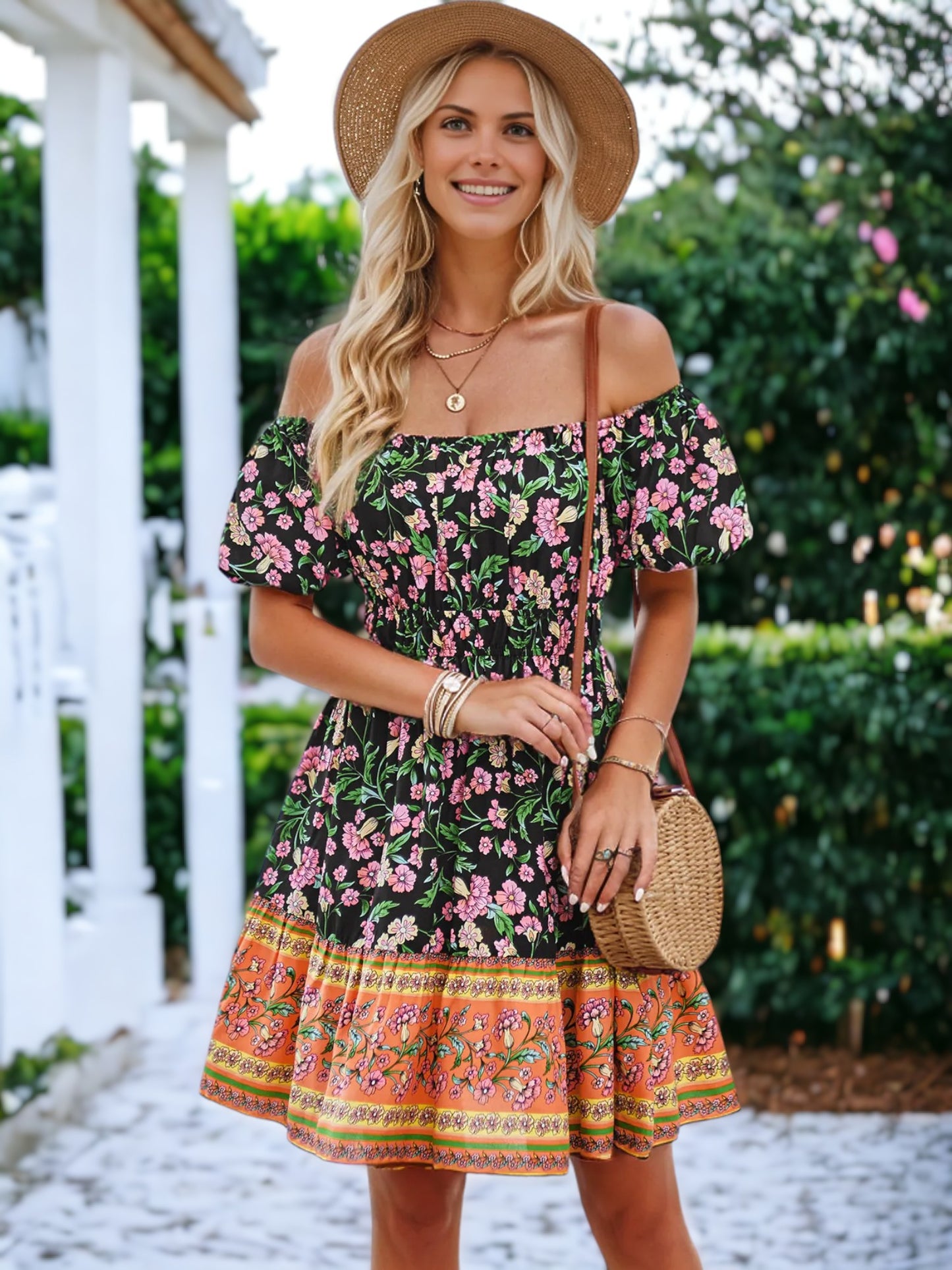 Floral Bohemian Printed Off Puffed Shoulder Flared Dress