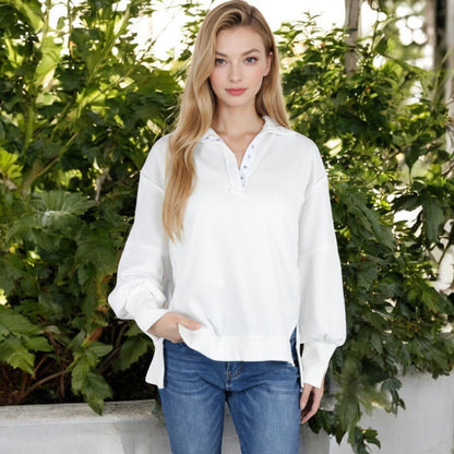 Anna-Kaci Women's Oversized Long Sleeve Pullover with Snap Button Collar and Raw Edge Hem