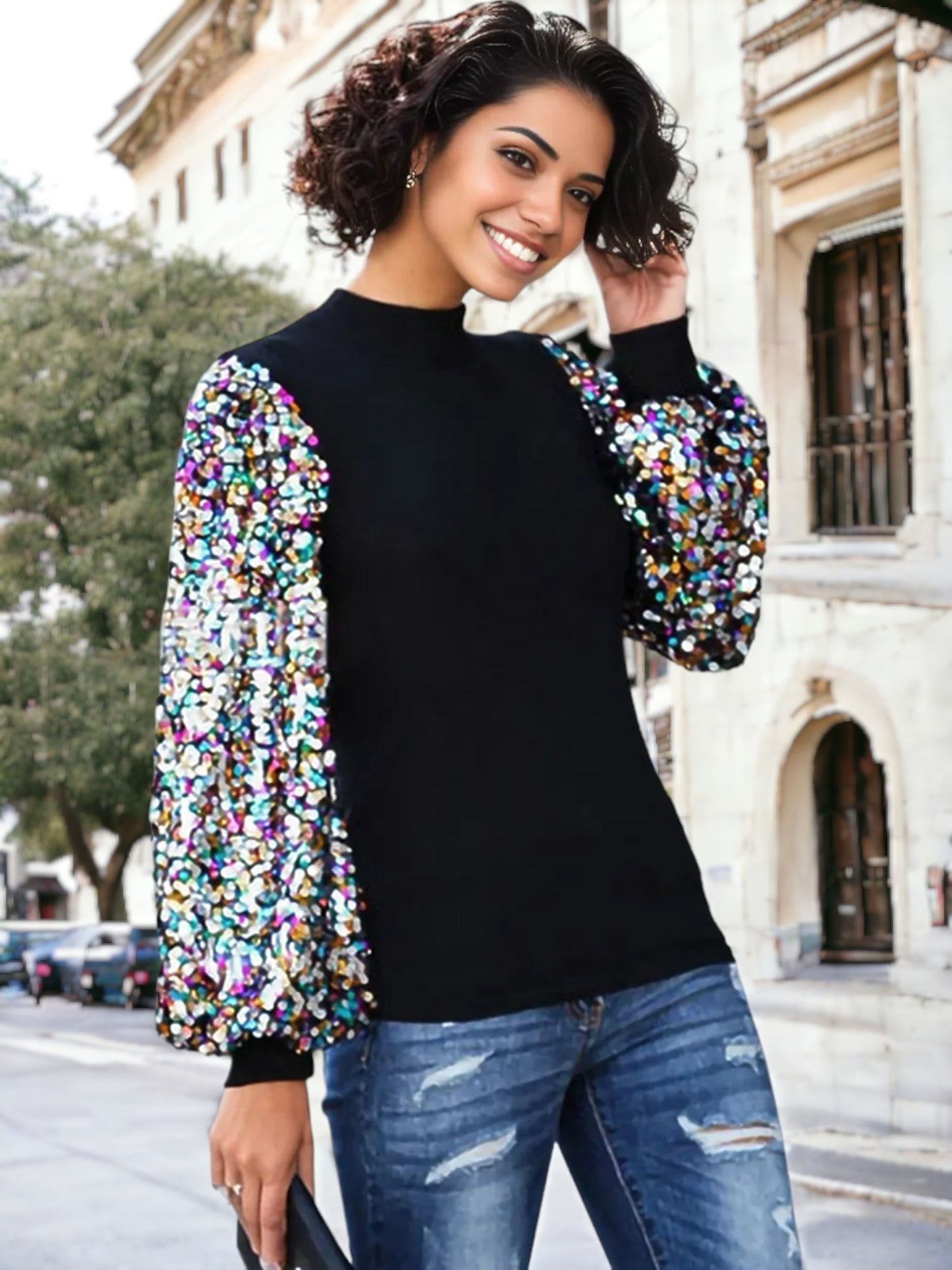 Sequin Puffed Long Sleeve Mock Neck Pullover