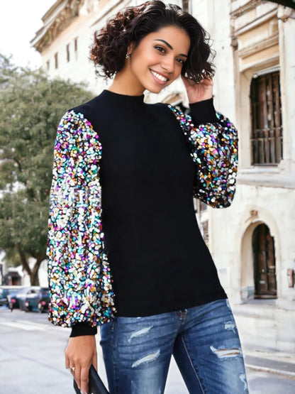 Sequin Puffed Long Sleeve Mock Neck Pullover