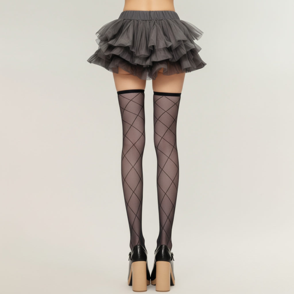 Anna-Kaci Women's Sheer Diamond Pattern Thigh High Stockings with Soft Stretch Fit
