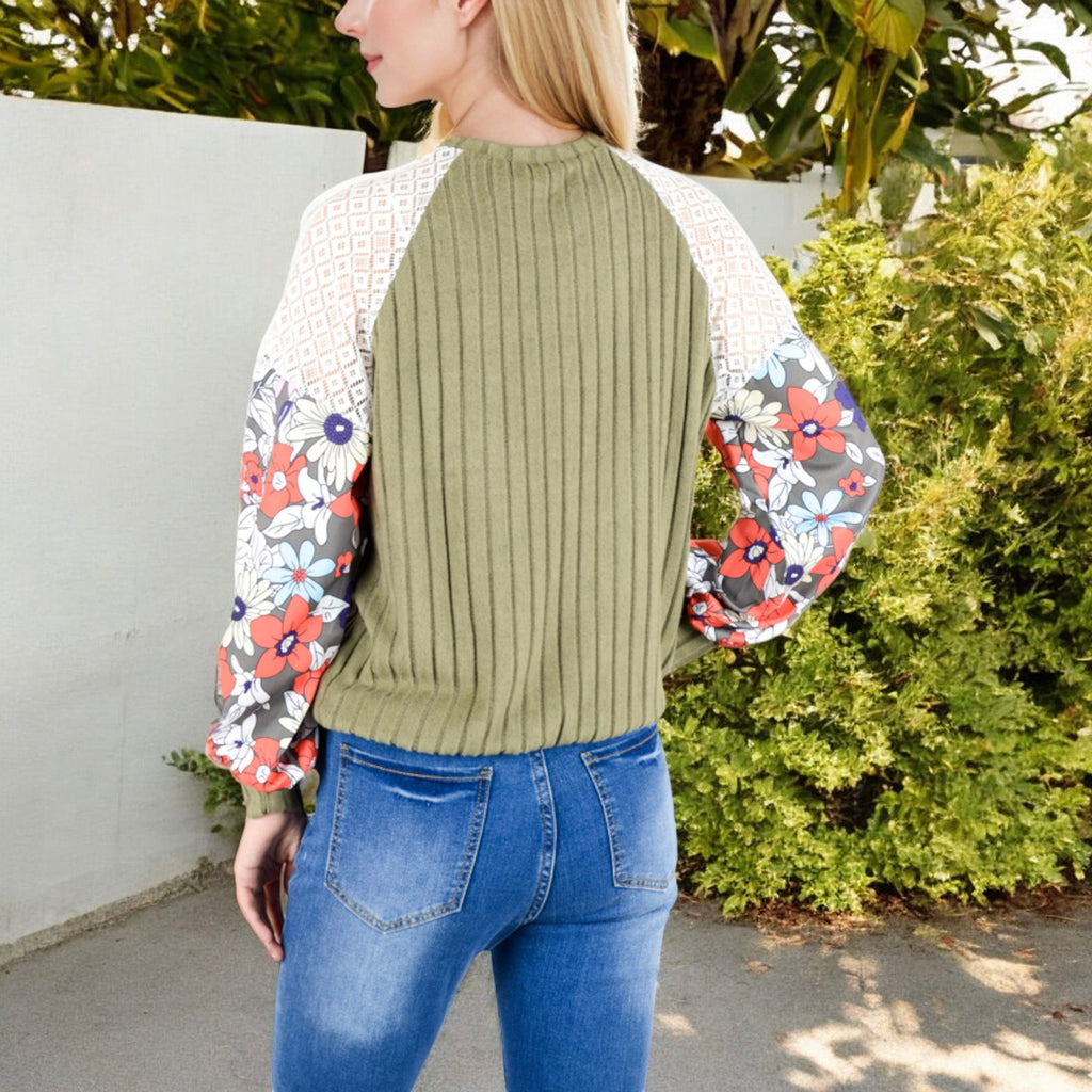 Anna-Kaci Women's Ribbed Knit Top with Floral Balloon Sleeves and Lace Shoulder Details