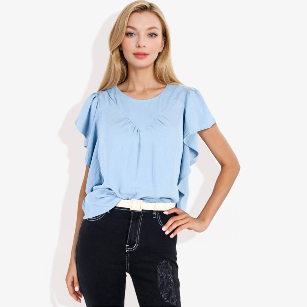 Blusa plisada de manga corta con volantes para mujer