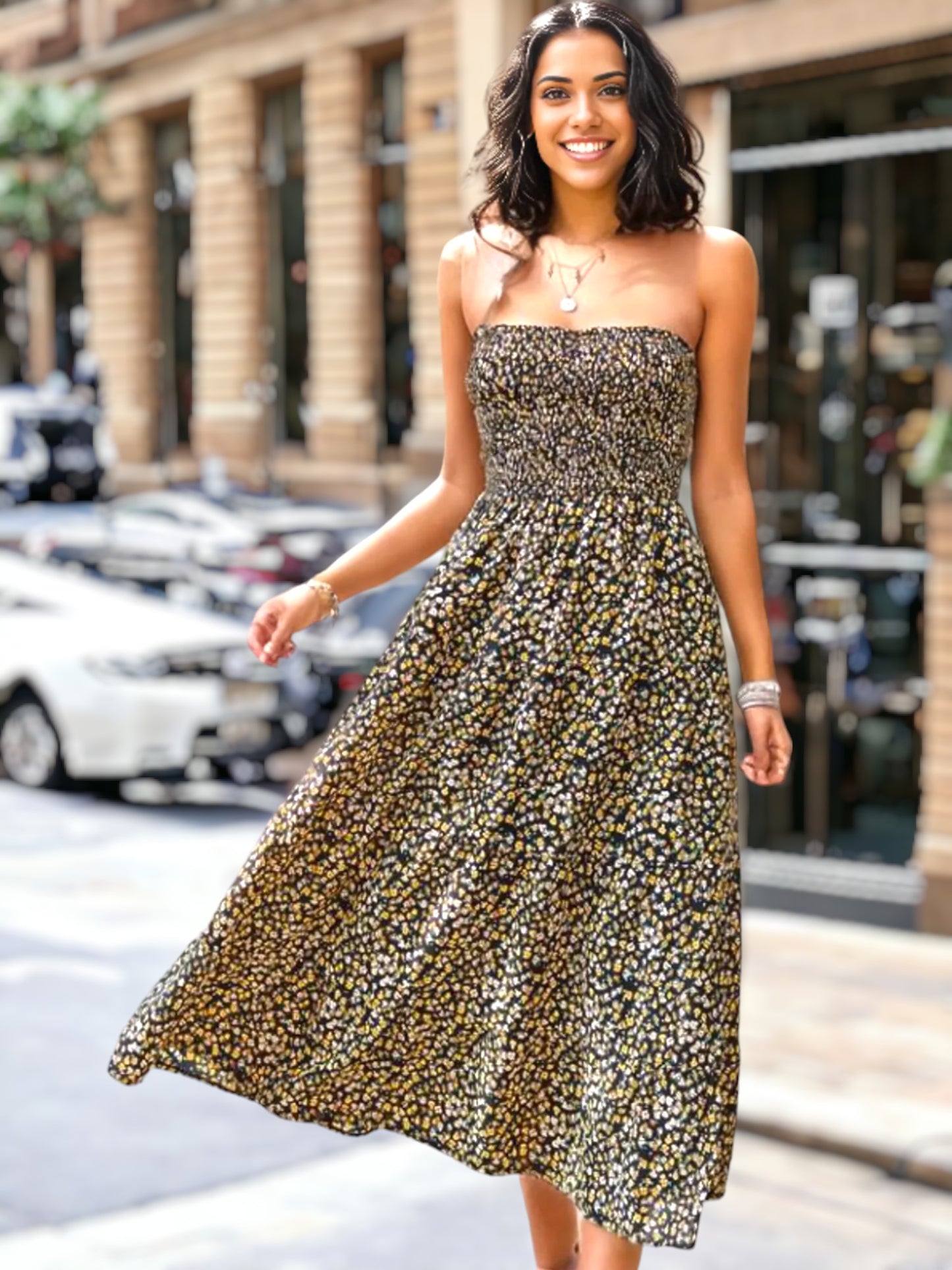 Strapless Shirred Floral Dress