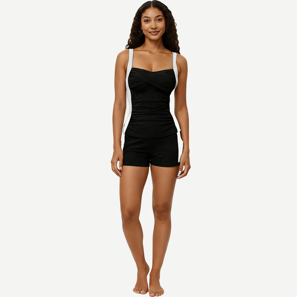 Anna-Kaci Women's 2-Piece Set Color Block Tankini Top with Boyshort Bottom Swim Set
