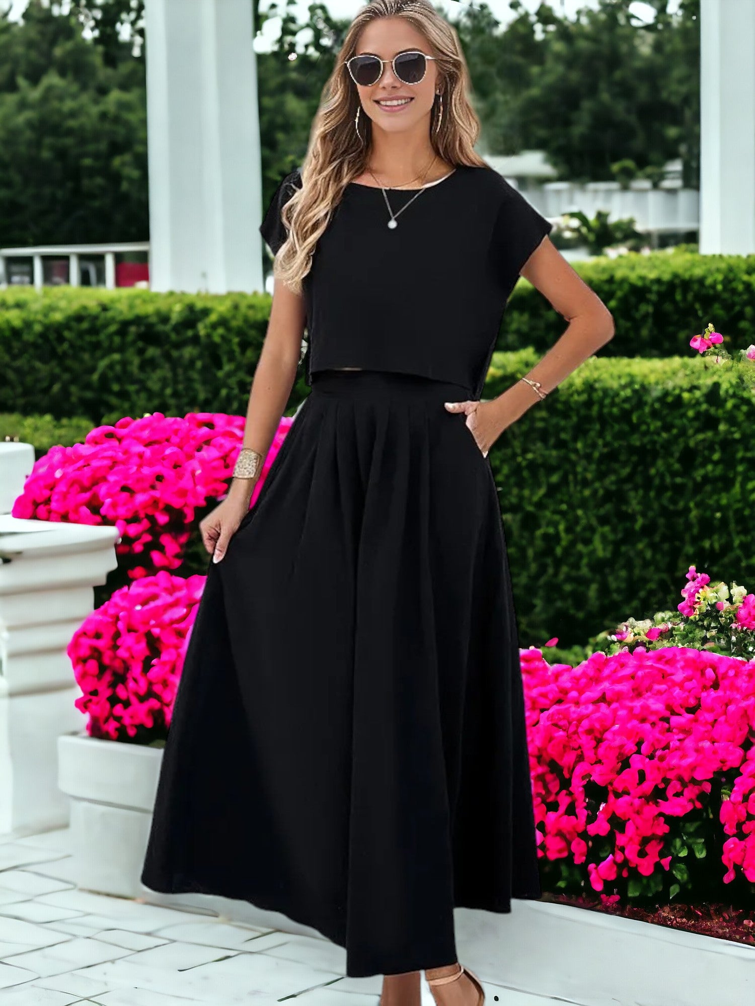 Two Piece Set Casual Short Sleeved Crop Top and Long Skirt, XL 16-18 / Black