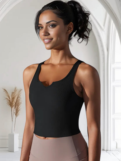 Women's Ribbed Knit Crop Top with Notch Neckline and Sleeveless Design