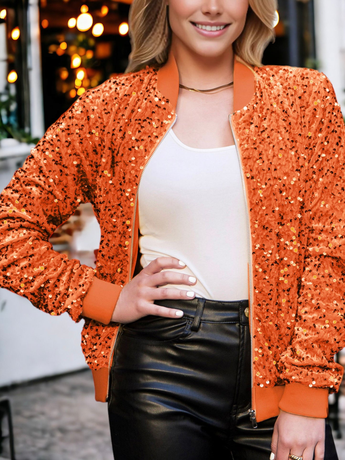 Chaqueta bomber de terciopelo con cremallera y mangas largas con lentejuelas brillantes
