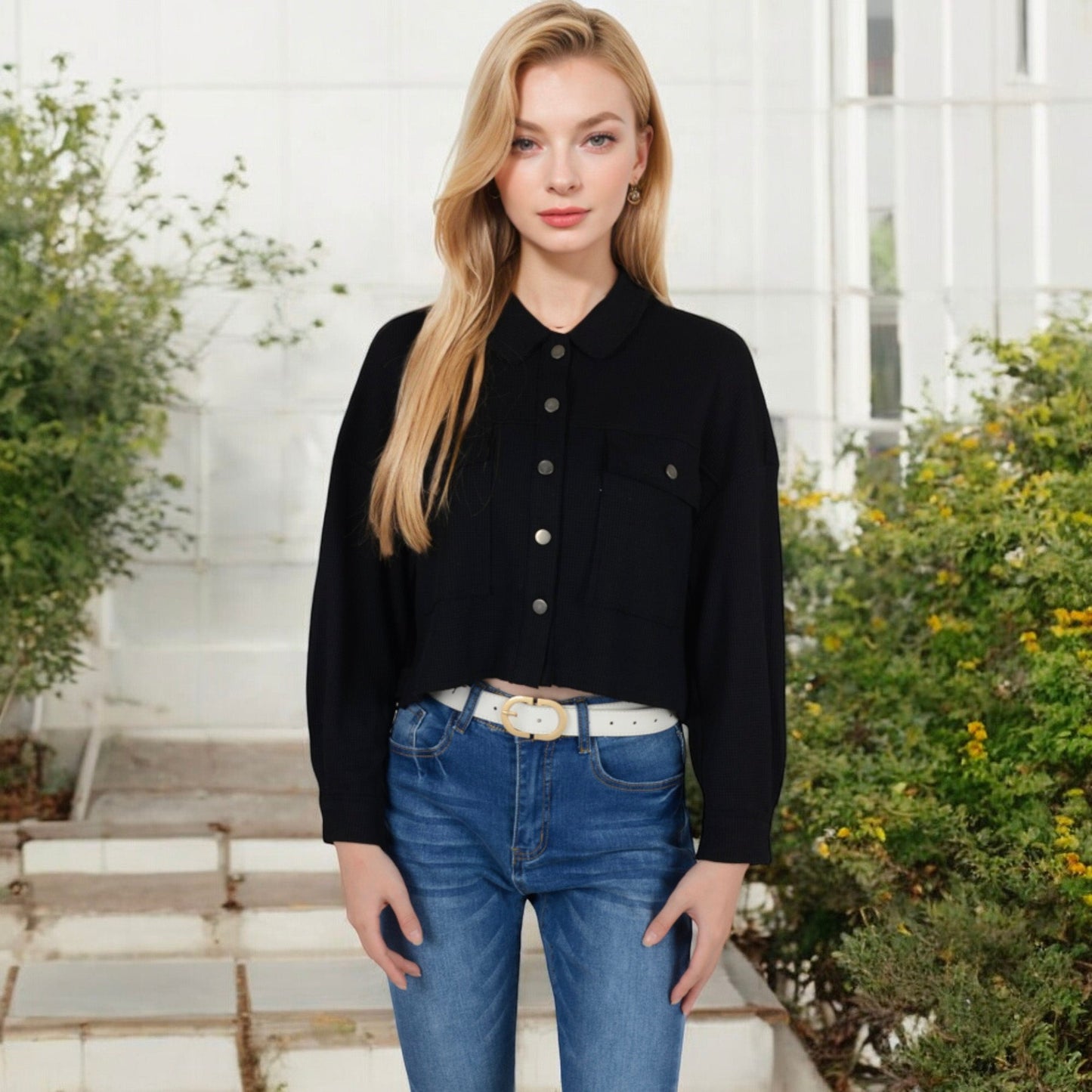 Anna-Kaci Women's Cropped Button-Up Jacket with Chest Pockets and Collared Neckline