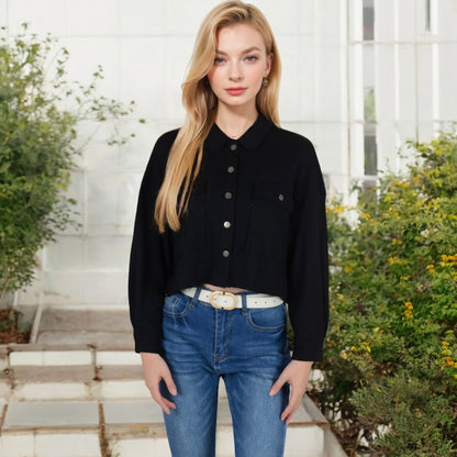 Anna-Kaci Women's Cropped Button-Up Jacket with Chest Pockets and Collared Neckline