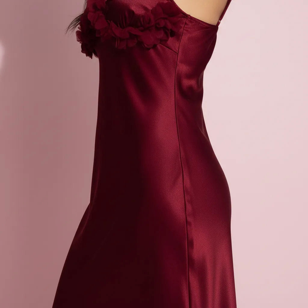 Anna-Kaci Lounge Women's Satin Midi Slip Dress with 3D Floral Trim Bodice and Ruffled Hem Detail for a Soft Sculpted Silhouette