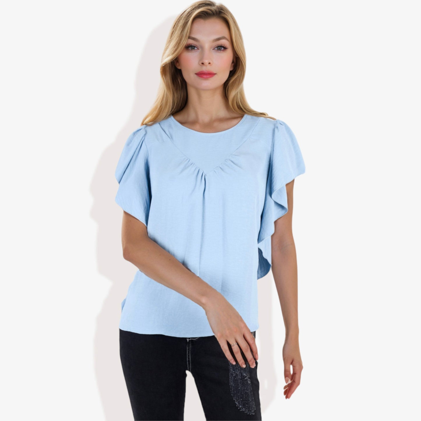 Women's Short Sleeve Pleated Front Blouse with Ruffle Sleeves