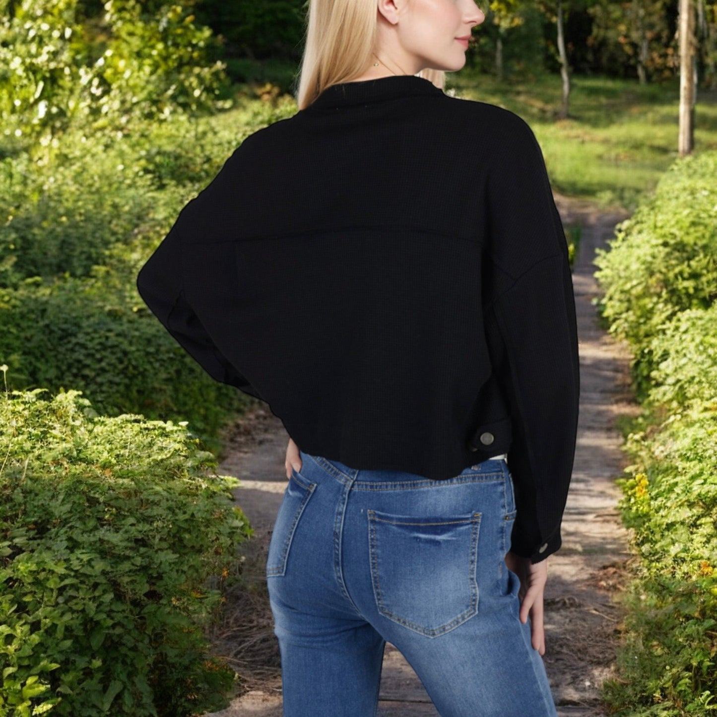 Anna-Kaci Women's Cropped Button-Up Jacket with Chest Pockets and Collared Neckline