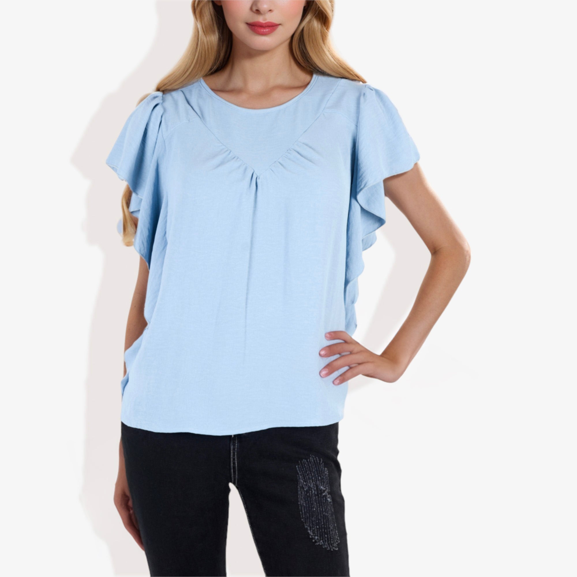 Blusa plisada de manga corta con volantes para mujer