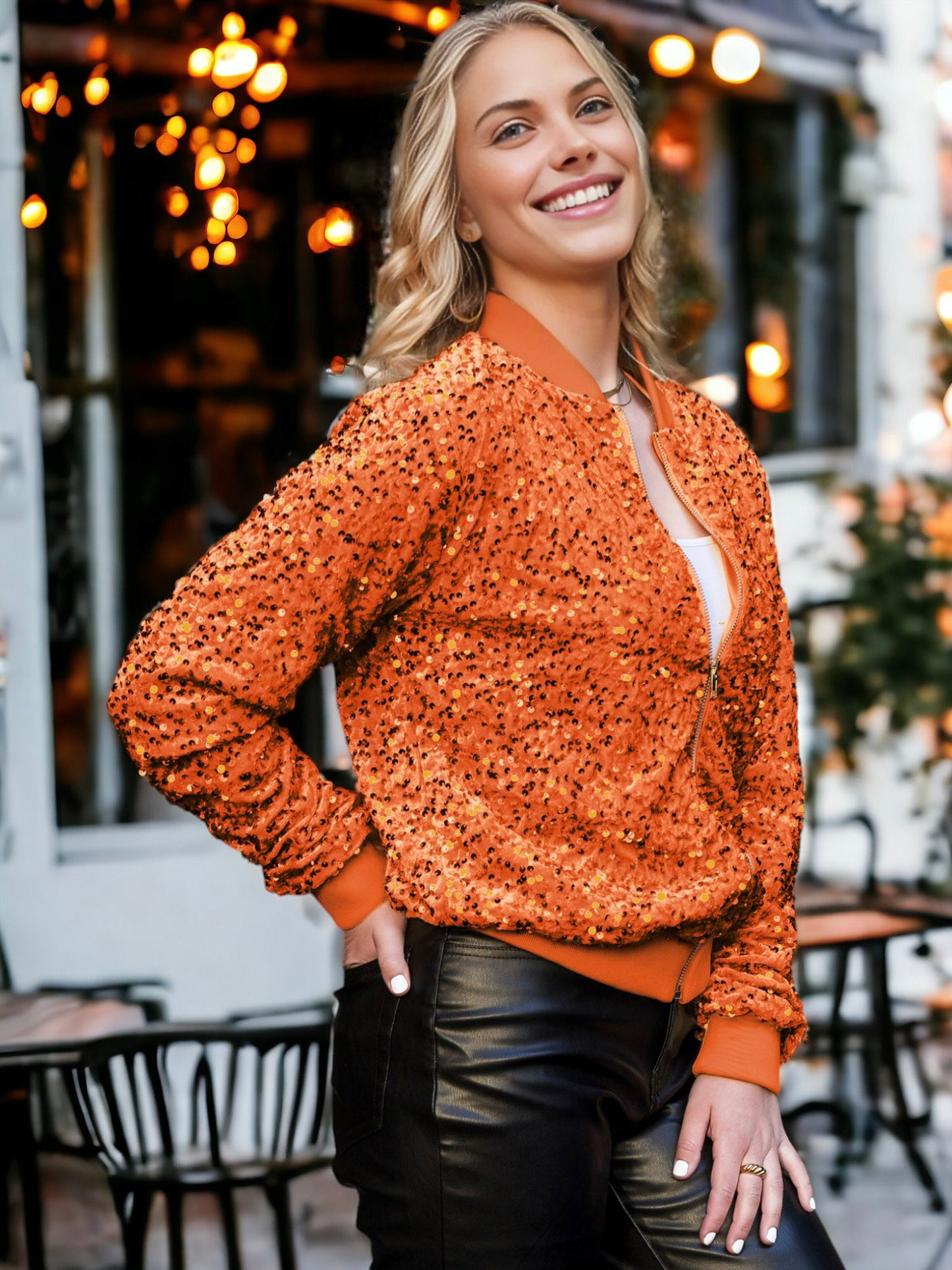 Chaqueta bomber de terciopelo con cremallera y mangas largas con lentejuelas brillantes