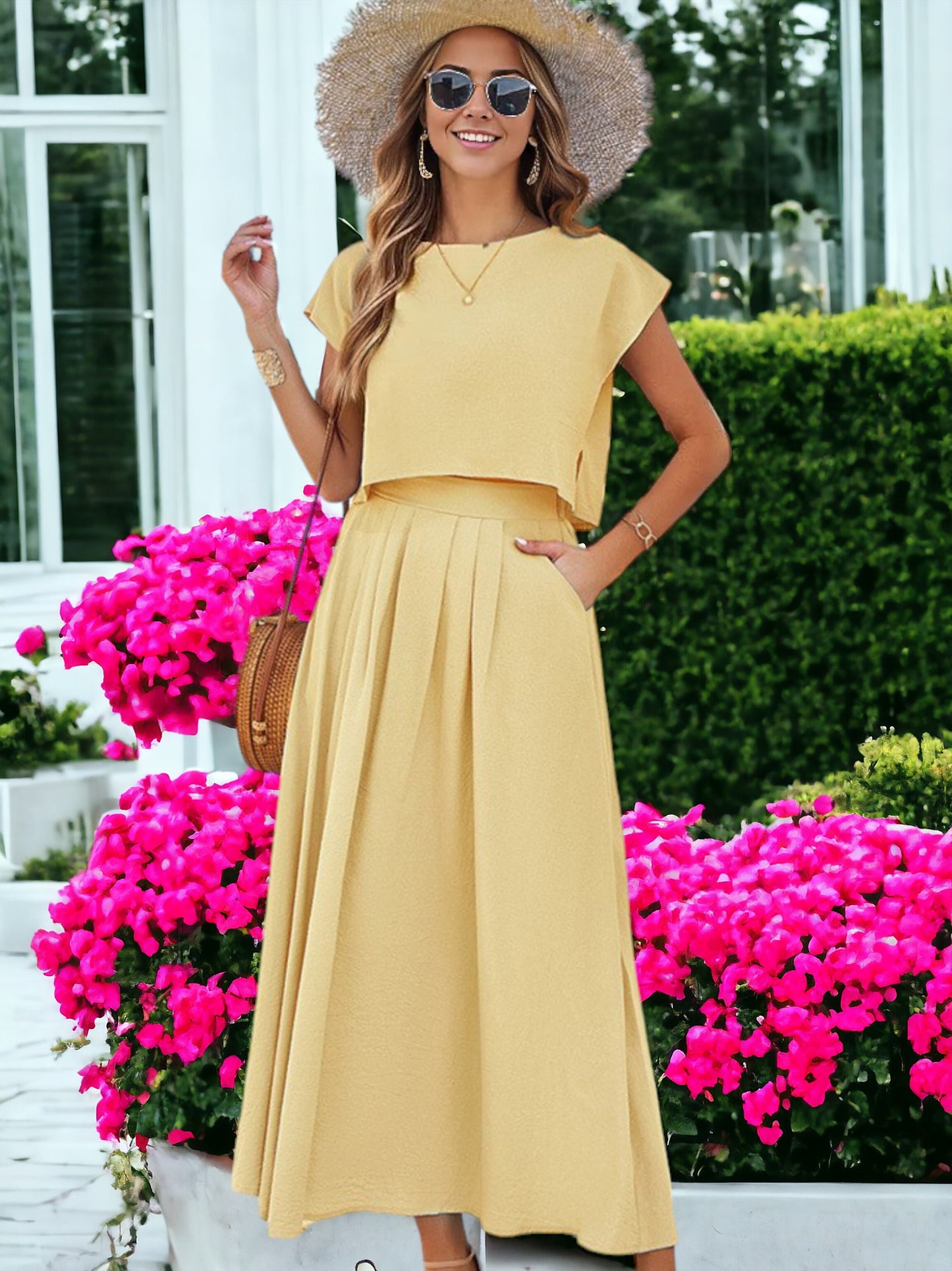 Two Piece Set Casual Short Sleeved Crop Top And Long Skirt