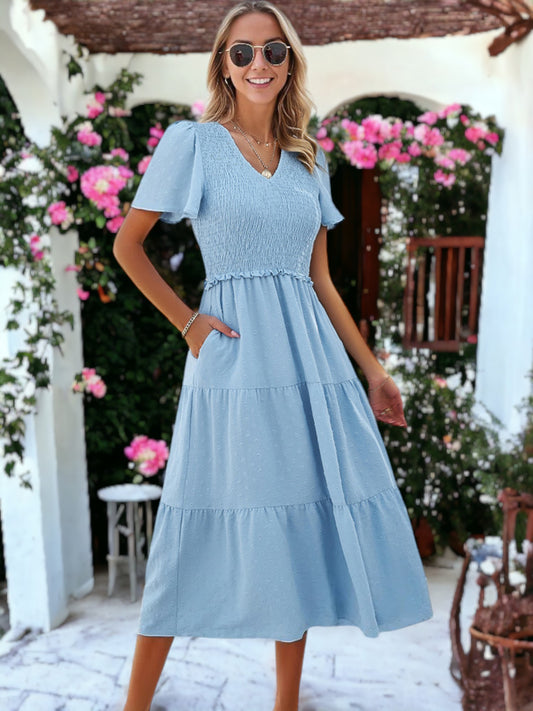 V-Neck Smocked Chest Gathered Ruffle Midi Clip Dot Dress