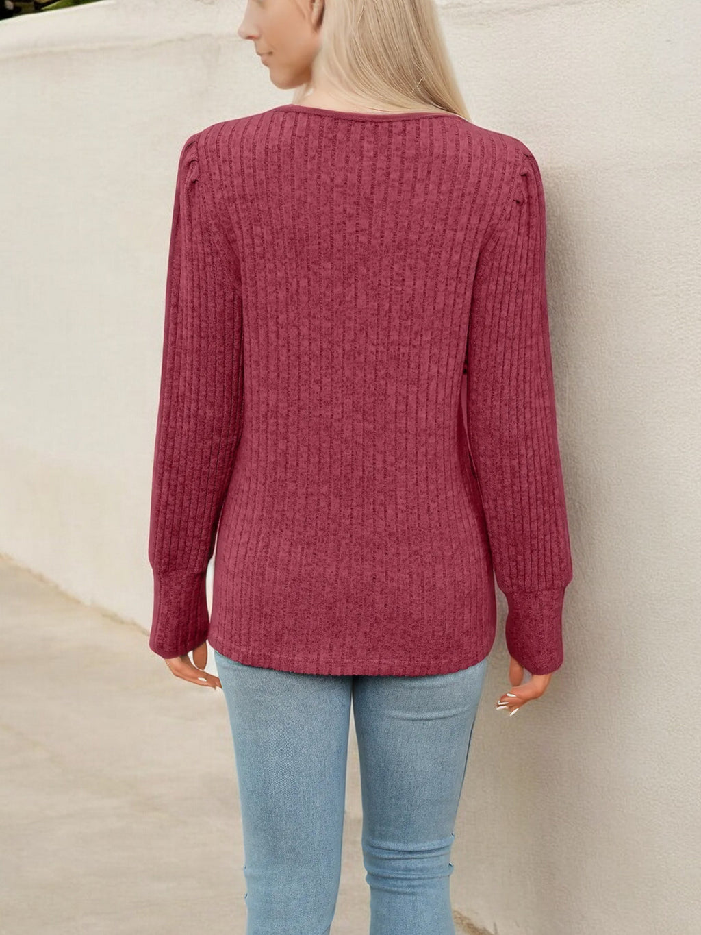 Women's V-Neck Ribbed Knit Sweater with Lace Trim Detail