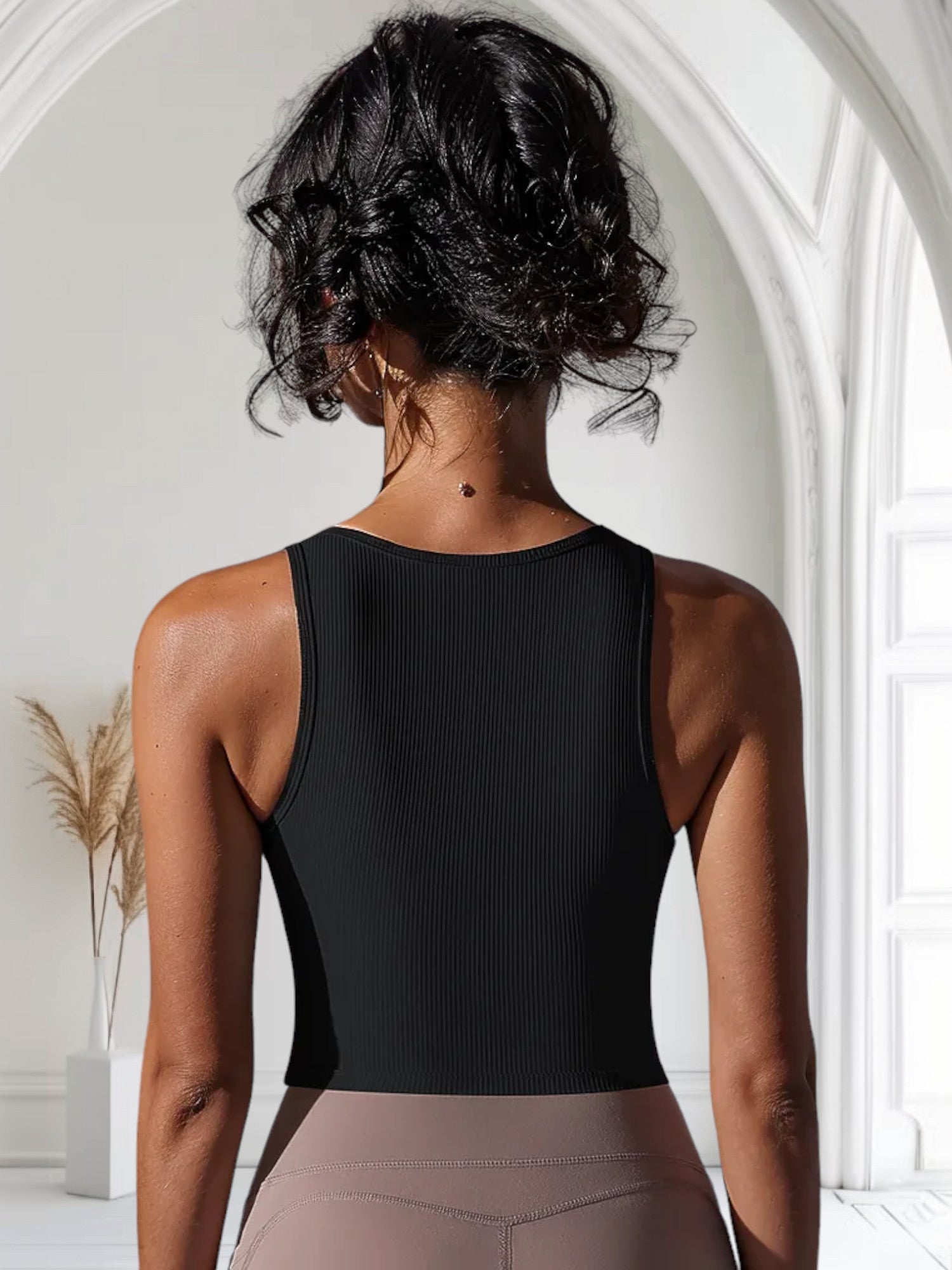 Women's Ribbed Knit Crop Top with Notch Neckline and Sleeveless Design