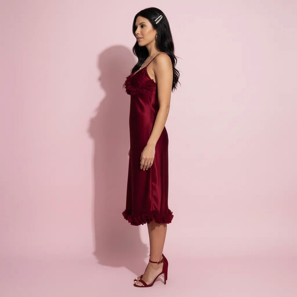 Anna-Kaci Lounge Women's Satin Midi Slip Dress with 3D Floral Trim Bodice and Ruffled Hem Detail for a Soft Sculpted Silhouette