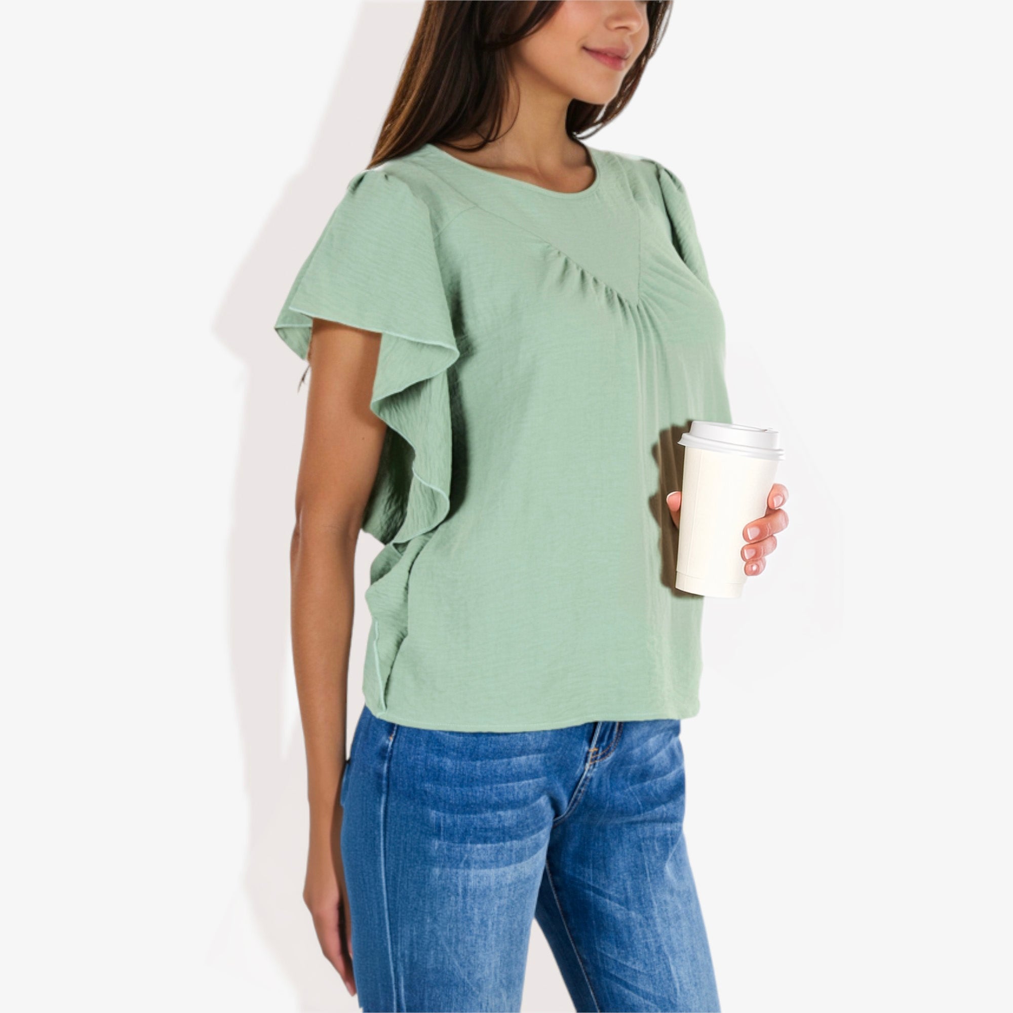 Blusa plisada de manga corta con volantes para mujer