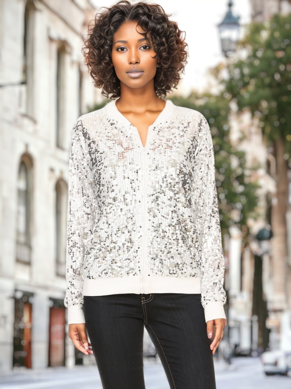 Sequin Bright Color Bomber Zip-Up Solid Jacket