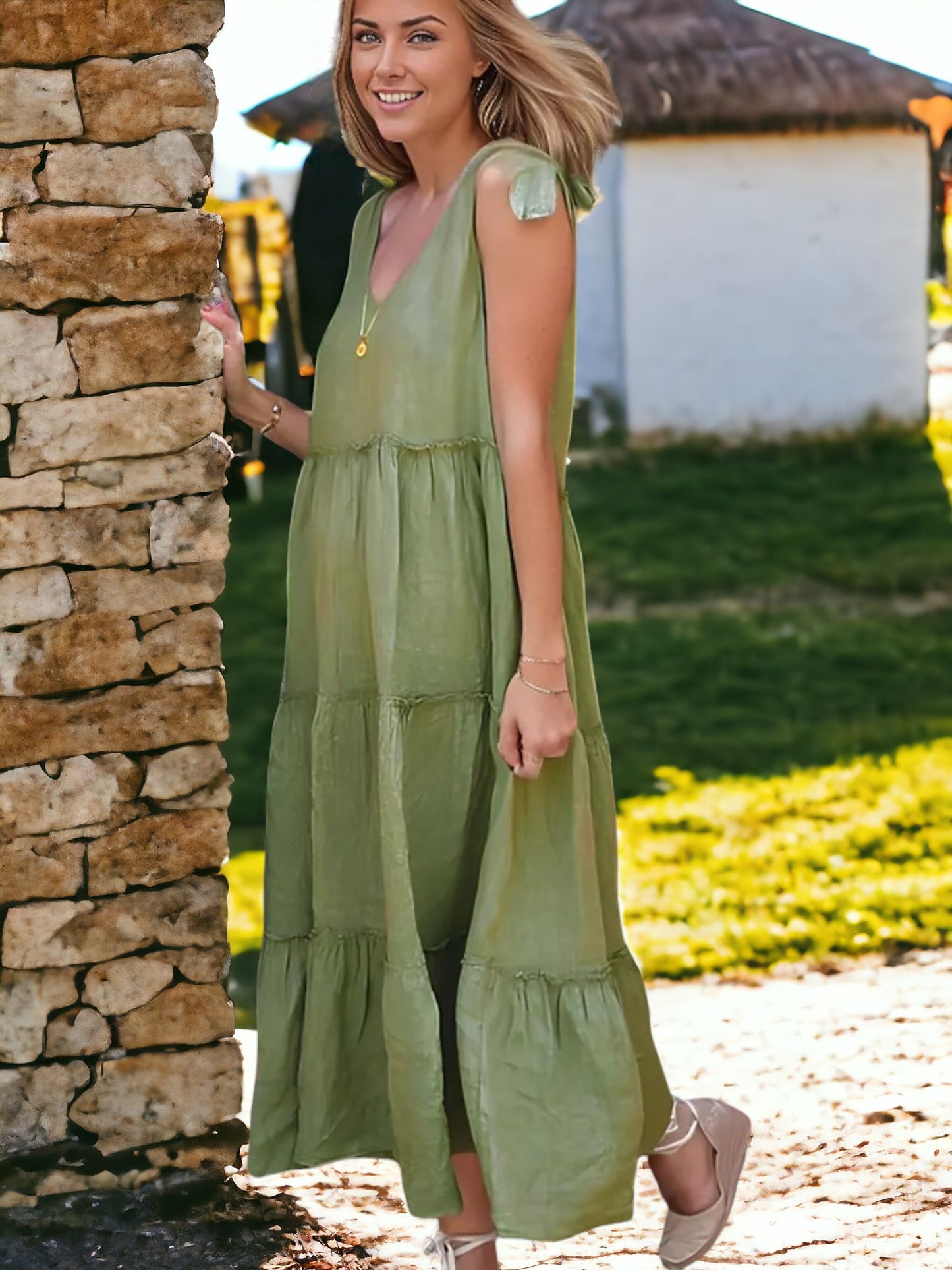 Vestido largo con volantes y mangas con lazo para mujer