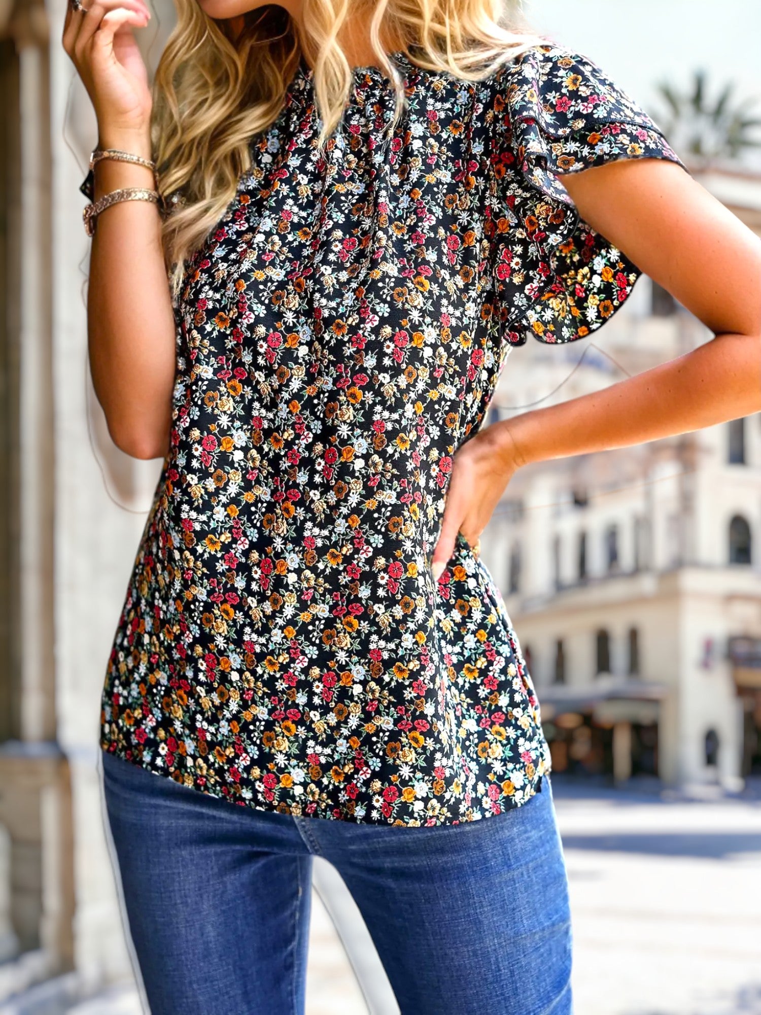 High Neck Tiered Sleeve Blouse