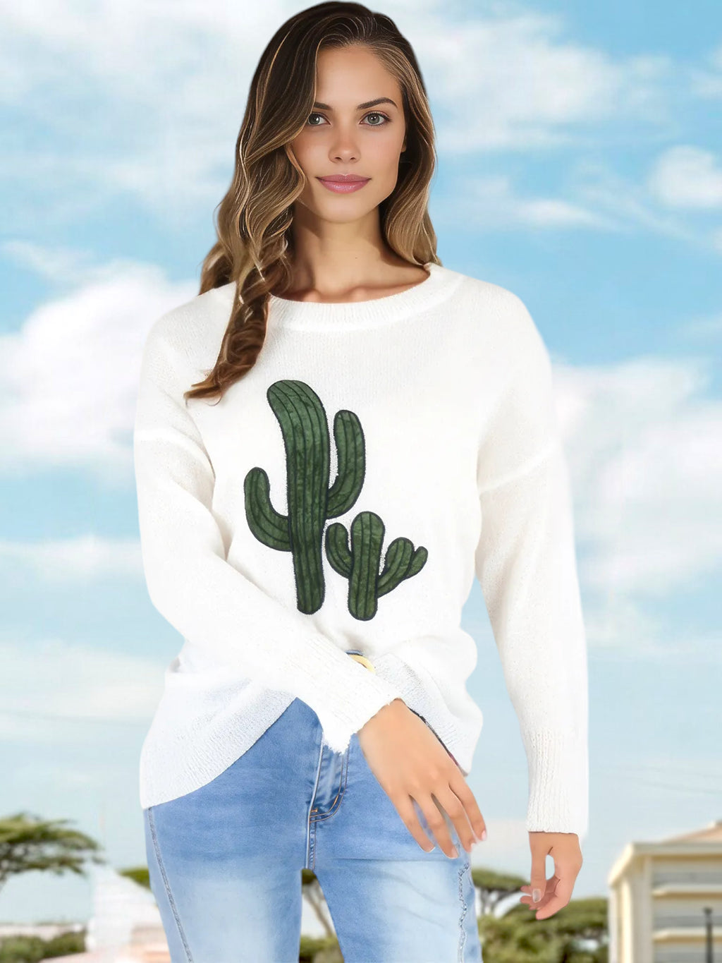 Anna-Kaci Women's Long Sleeve Knit Sweater with Cactus Embroidery and Crew Neck