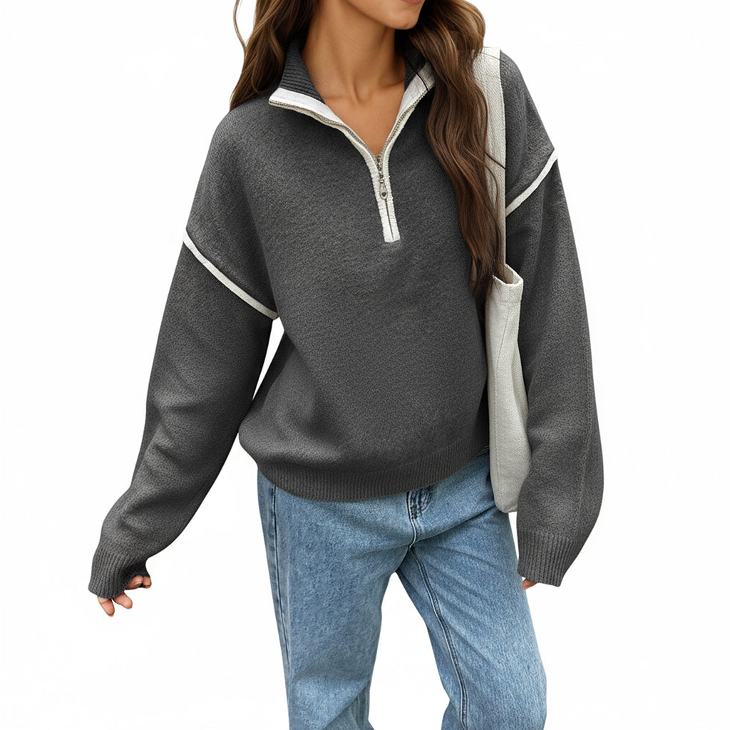 Anna-Kaci Women's Long Sleeve Pullover Knit Top with Quarter Zip Front Contrast Trim and Ribbed Hem