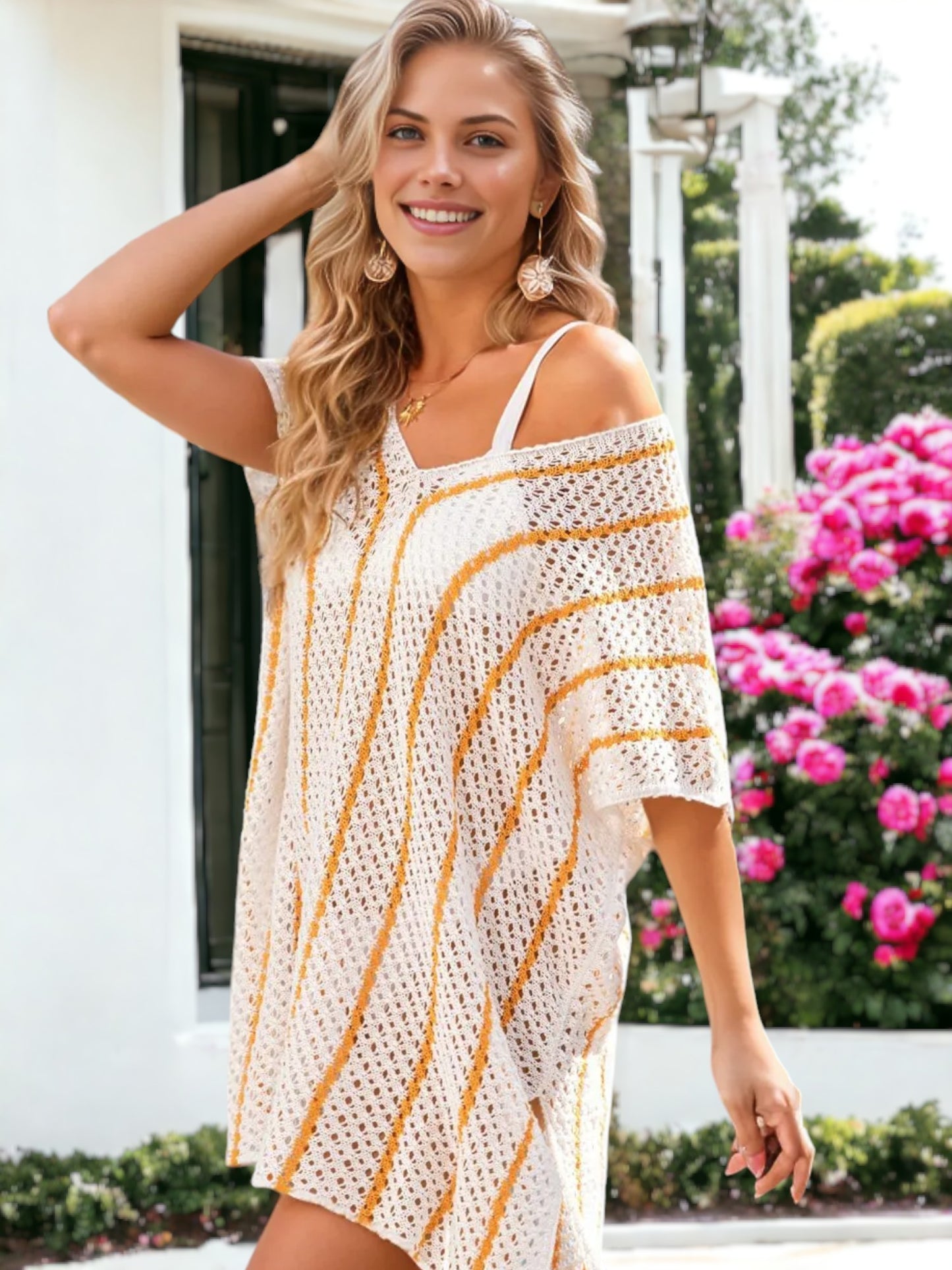 Knitted Bikini Stripe Dolman Beach Cover Up