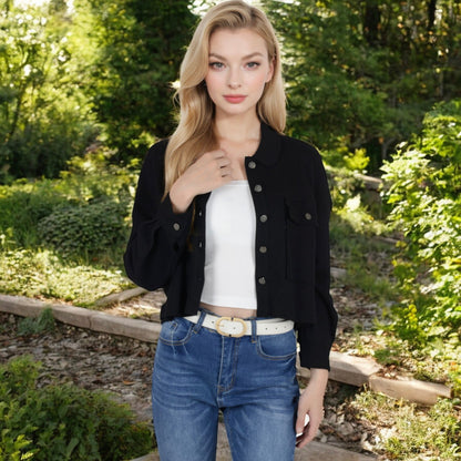 Anna-Kaci Women's Cropped Button-Up Jacket with Chest Pockets and Collared Neckline