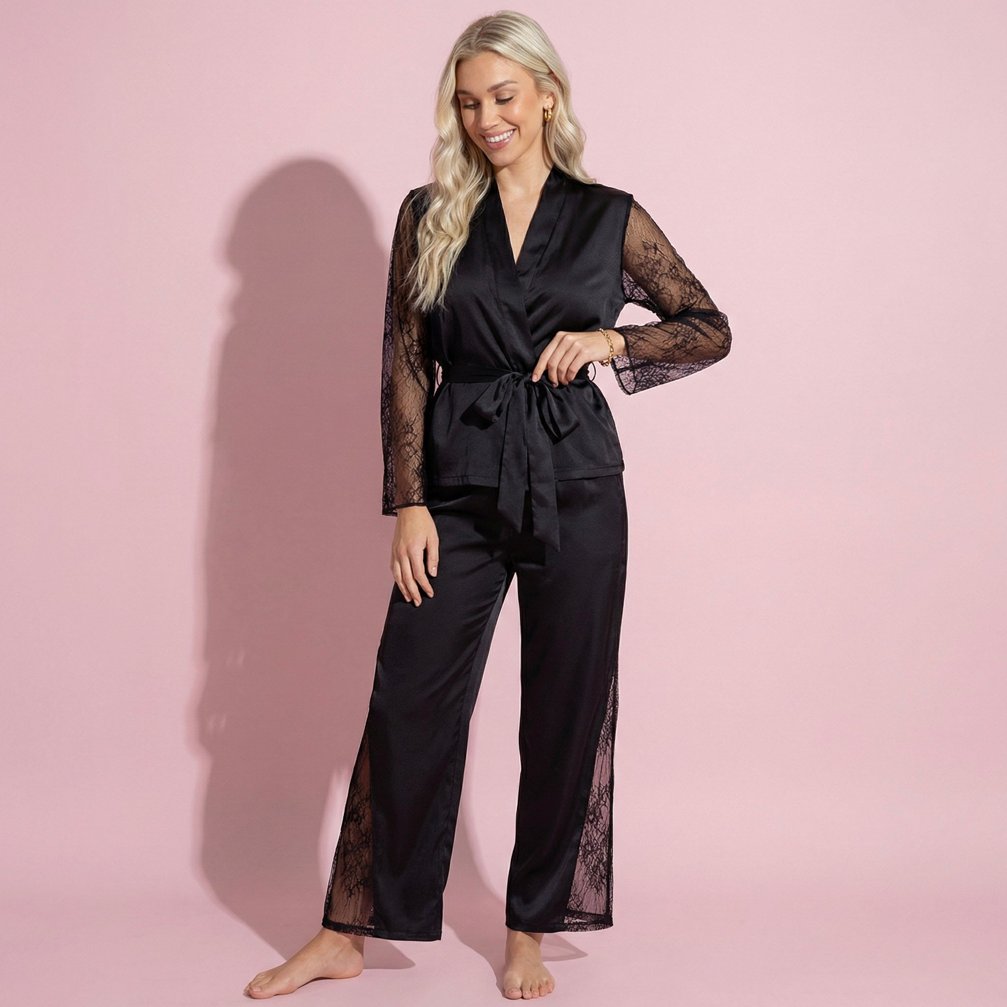 Anna-Kaci Lounge Women's Satin Pajama Set with Lace Sleeve Detail and Matching Tie-Waist Top and Straight-Leg Pants